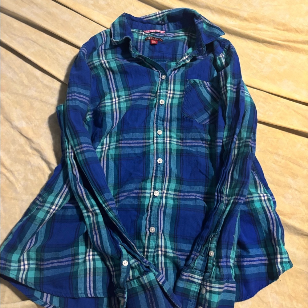 Blue & Teal Plaid Button-Front Shirt
